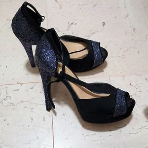Jessica Simpson black suede/navy blue glitter heels, 8M